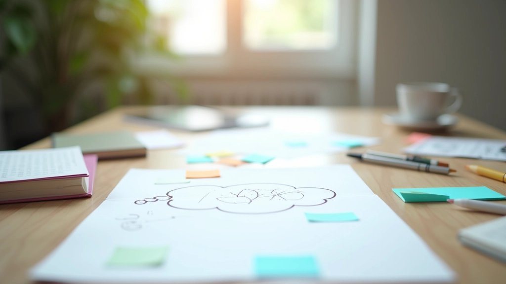 Creative brainstorming session with multiple colored cards and idea sketches spread across table