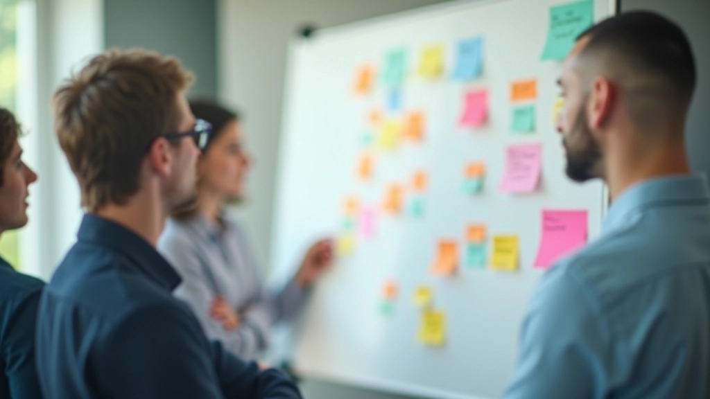Creative brainstorming session with colorful sticky notes and diagrams on whiteboard showing interconnected ideas