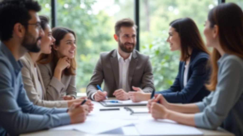 Group of diverse professionals collaborating around table with notes and creative materials during brainstorming workshop