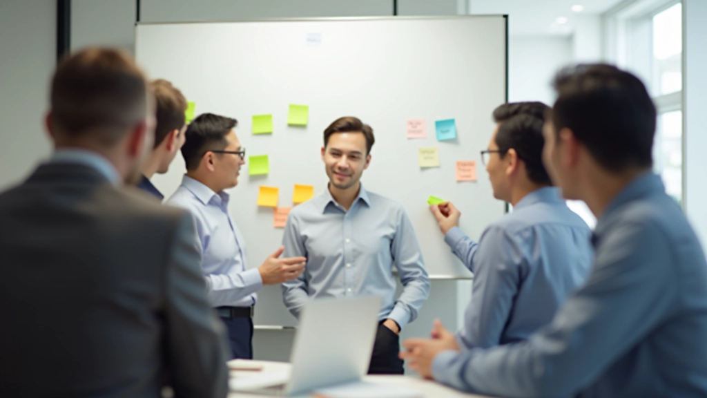 Team members in discussion analyzing problem statement on whiteboard with sticky notes and markers