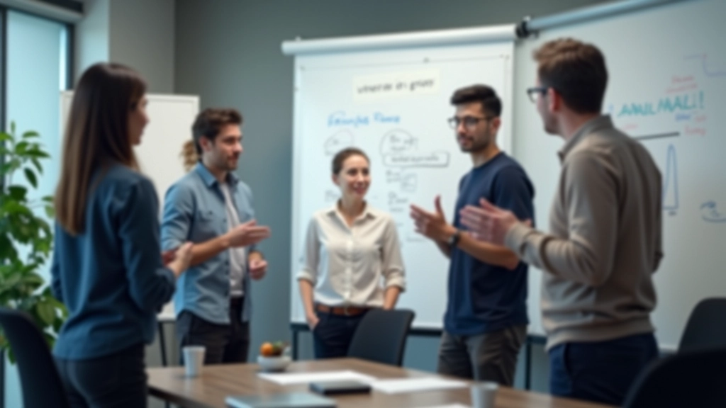 Team discussion in meeting room with diverse professionals sharing ideas together