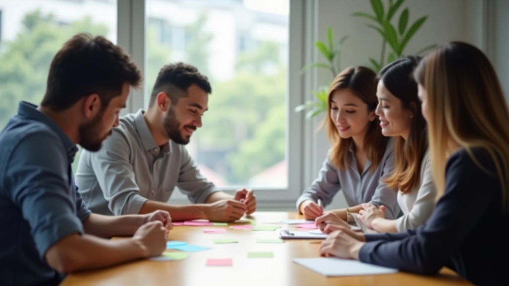 Team members brainstorming together at a modern table with colorful sticky notes and sketches