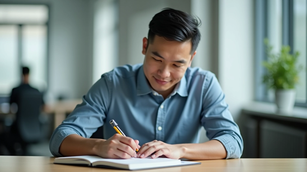 Person sitting quietly at desk, concentrating on writing ideas in notebook