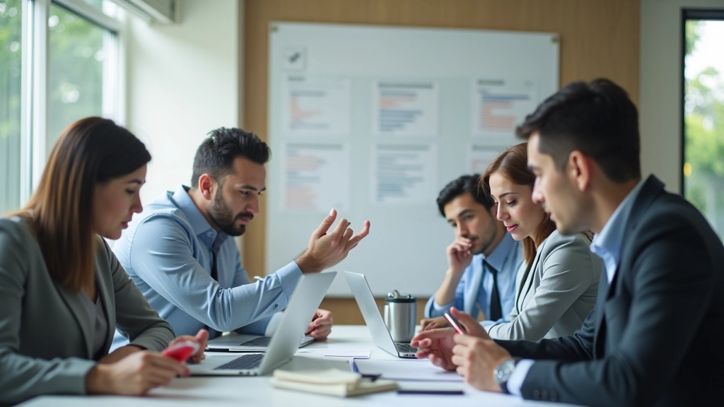 Modern office workspace with team members actively working on implementing ideas with project plans and progress tracking visible