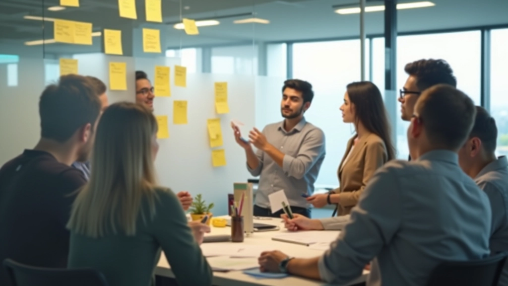 Team collaborating on innovative ideas with colorful mind maps and brainstorming notes