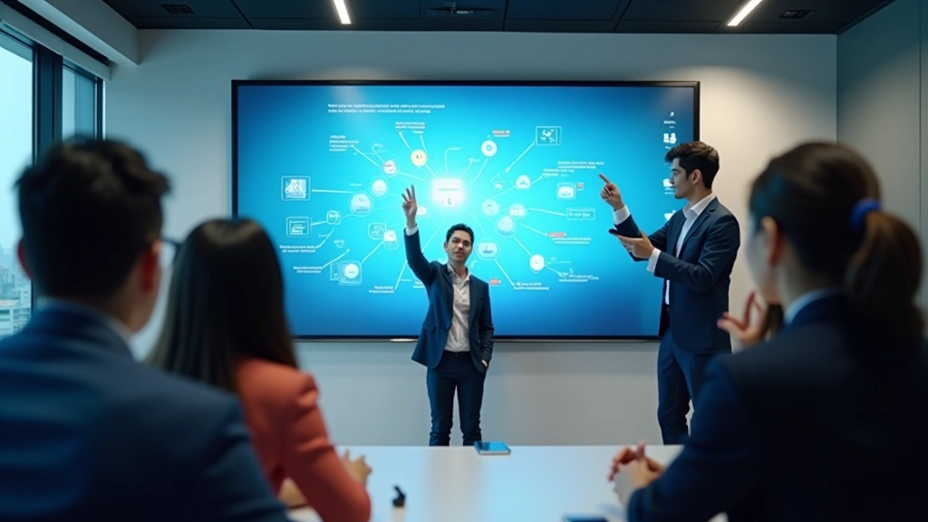 Team presenting innovative solution on digital screen in conference room