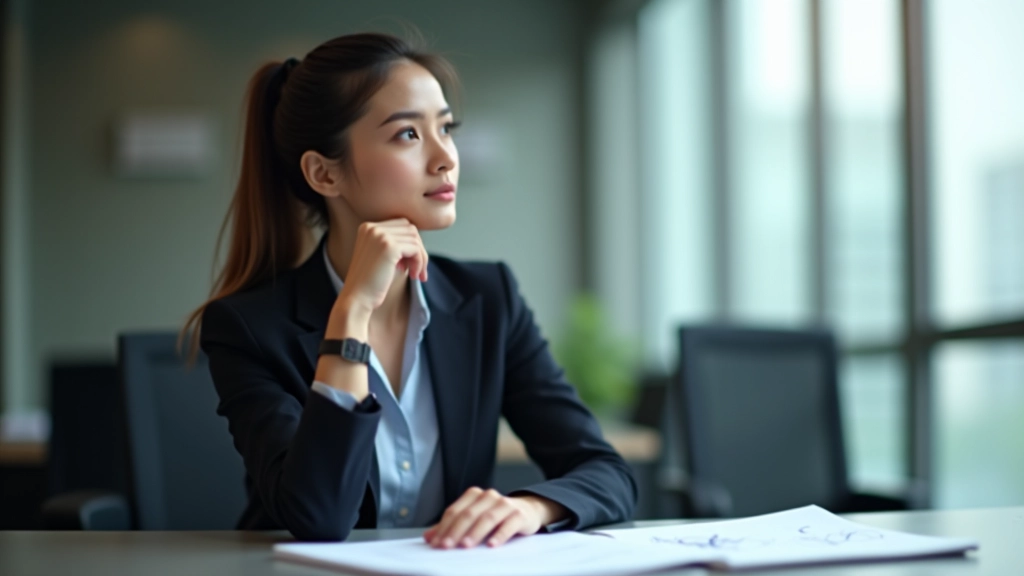 Professional woman reviewing notes and sketches on desk, thoughtful analytical expression