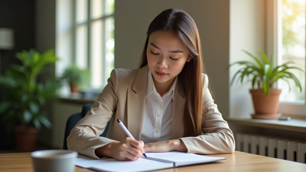 Woman writing ideas on notebook at wooden desk with coffee